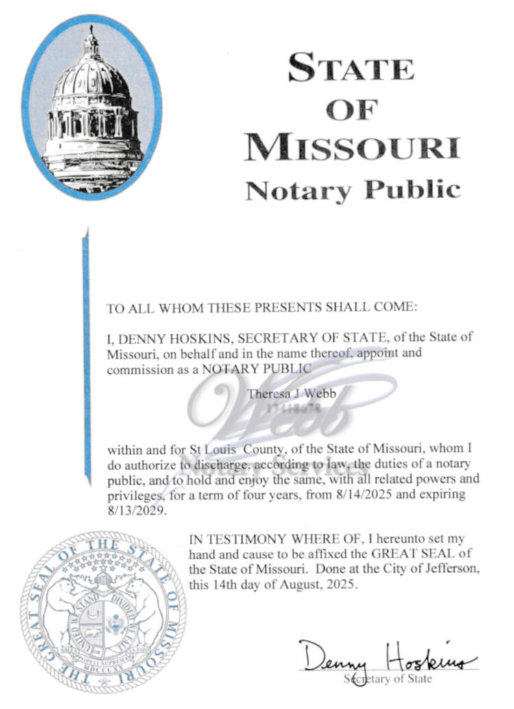 Missouri Notary Public commission certificate for Theresa J Webb with watermark and redacted details.